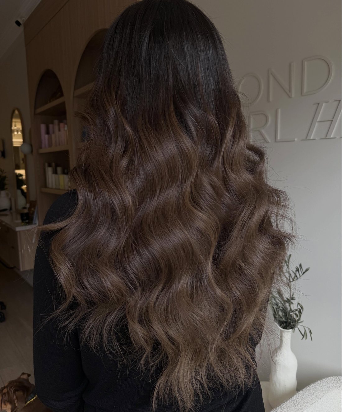 Long dark brunette keratin bond extensions, back view, at Bond Girl Hair
